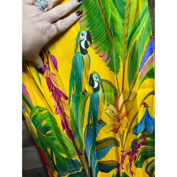 Farm Rio Yellow Tropical Parrot Hibiscus Floral Maxi Dress Small Spaghetti Strap - Picture 2 of 8